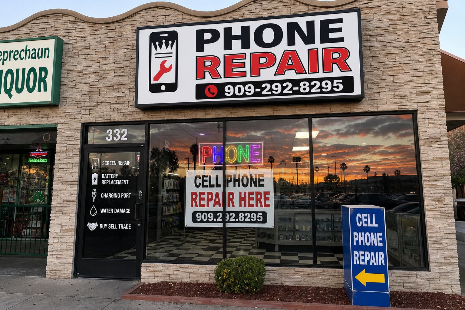 KINGSELL Phone Fix and Sales storefront at 332 N Azusa Ave in West Covina, next to Leprechaun Liquor